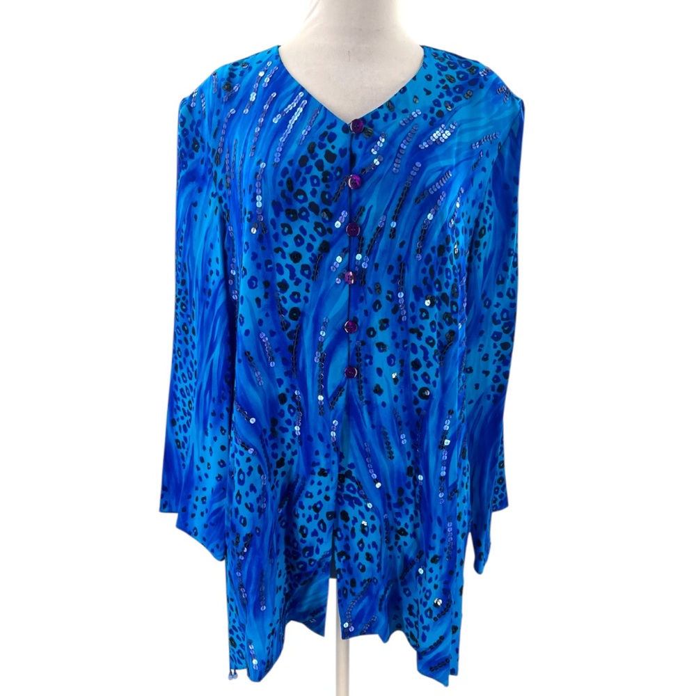 NWT Vintage Diane Gilman blue silk leopard print top sz L